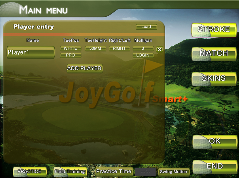 JoyGolf smart+（ジョイゴルフスマートプラス）のプレイモード選択のインターフェース。富山県砺波市会員制複合施設サンタスのゴルフシミュレーター。