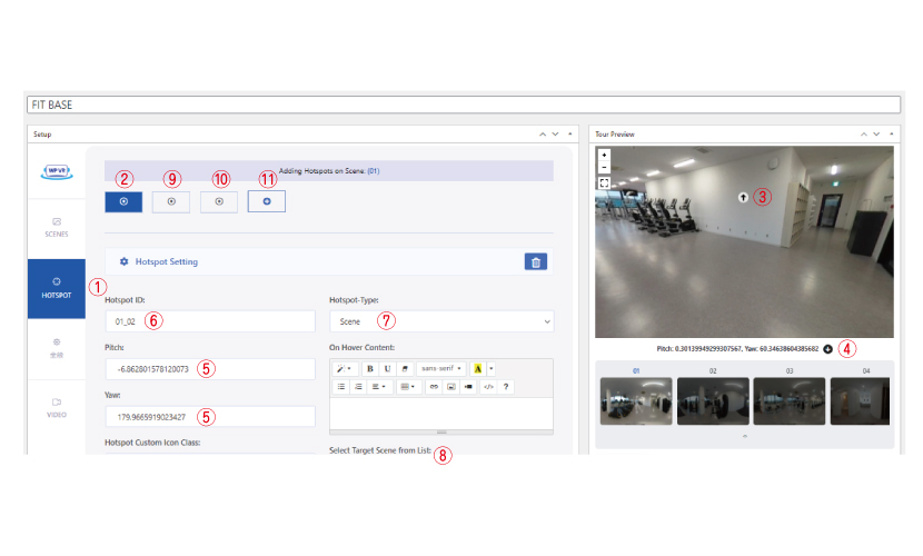 WP VR-WordPress用360度パノラマおよびバーチャルツアークリエーターの使い方。ホットスポットを登録する。
