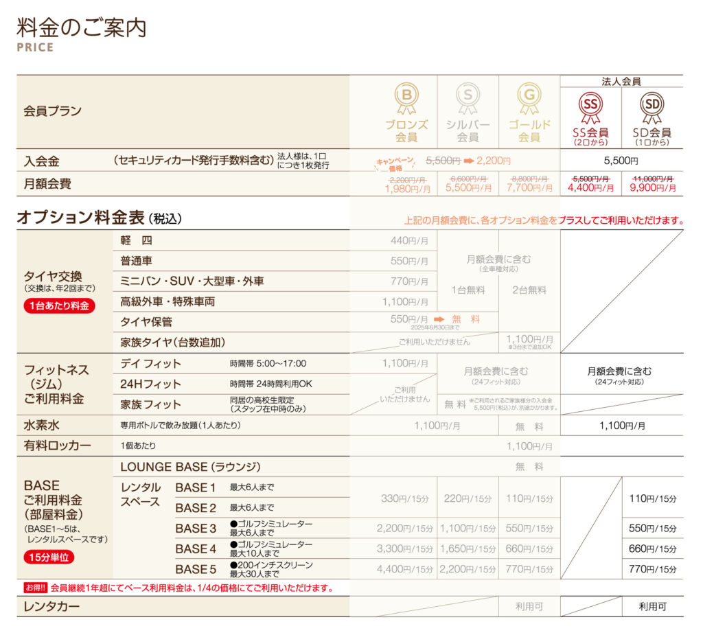 富山県砺波市会員制複合施設sanTas（サンタス）の法人プラン価格表