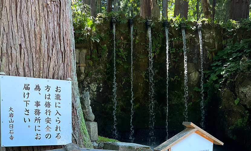国指定史跡・重要文化財の磨崖仏で知られる大岩山日石寺。六本滝での滝行は、白装束に身を包み、六大(地、水、火、風、空、識)をあらわす6つの竜頭から落ちる滝に打たれ、六欲煩悩を洗い落とし心身を清めるもの。「そうめんと言えば大岩」と言われるほど、富山の美味しいお水で調理されたそうめんは、その美味しさと美しさで有名。 景色。