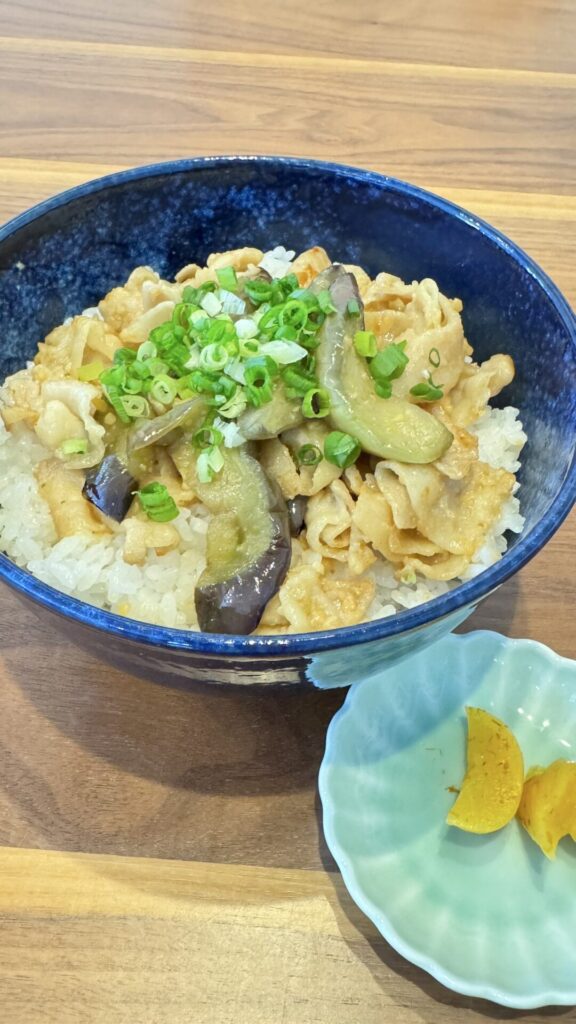 ワンコイン丼（豚肉と茄子の味噌炒め）。富山県砺波市の定食・居酒屋サンタス食堂のフードメニュー。