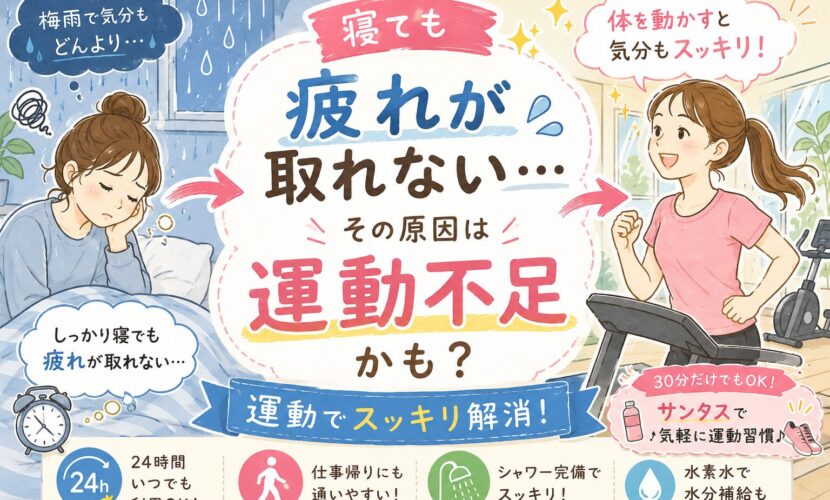 「しっかり寝たはずなのに疲れが残る…」そんな方は運動不足が関係しているかもしれません。梅雨時期におすすめの運動習慣と、サンタスで気軽に始められるフィットネスをご紹介します。