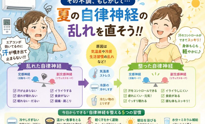 「エアコンの効いた部屋にいるのに汗が止まらない…」そんな症状は夏の自律神経の乱れが原因かもしれません。原因やセルフチェック、今日からできる改善方法をわかりやすく解説します。