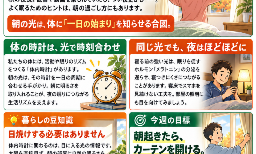秋の夜長、眠りの準備は朝から？朝と夜の光が体内時計に関わる理由を、身近な言葉で紹介します。今週の目標は「朝起きたら、カーテンを開ける」。