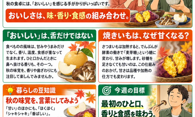 焼きいもの甘い香り、梨のシャキッとした食感。秋の味覚を入口に、おいしさを感じる仕組みと焼きいもが甘くなる理由を紹介。今週の目標は「最初のひと口、香りと食感を味わう」です。